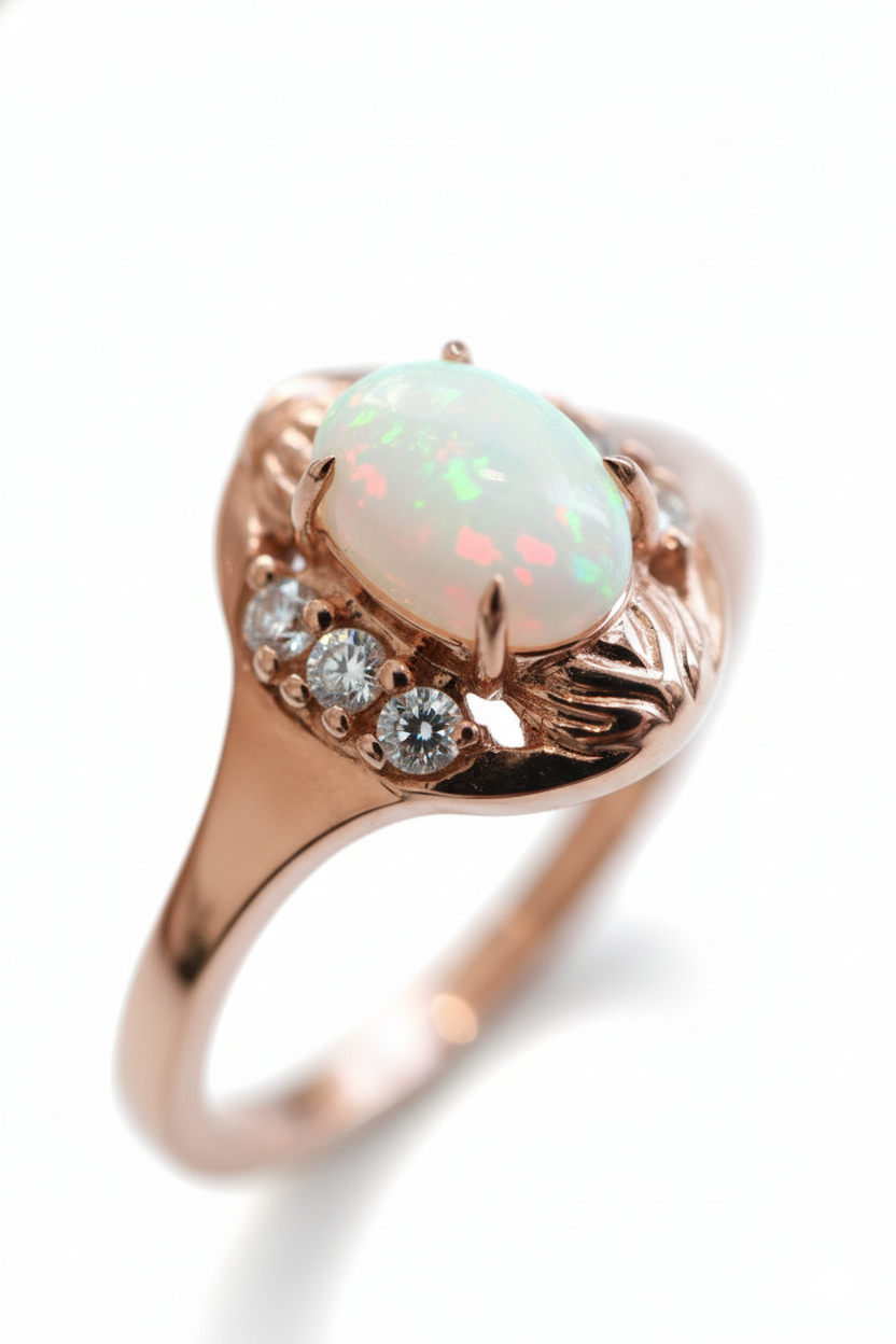 A rose gold ring featuring an oval opal stone at the center, surrounded by three small sparkling diamonds.